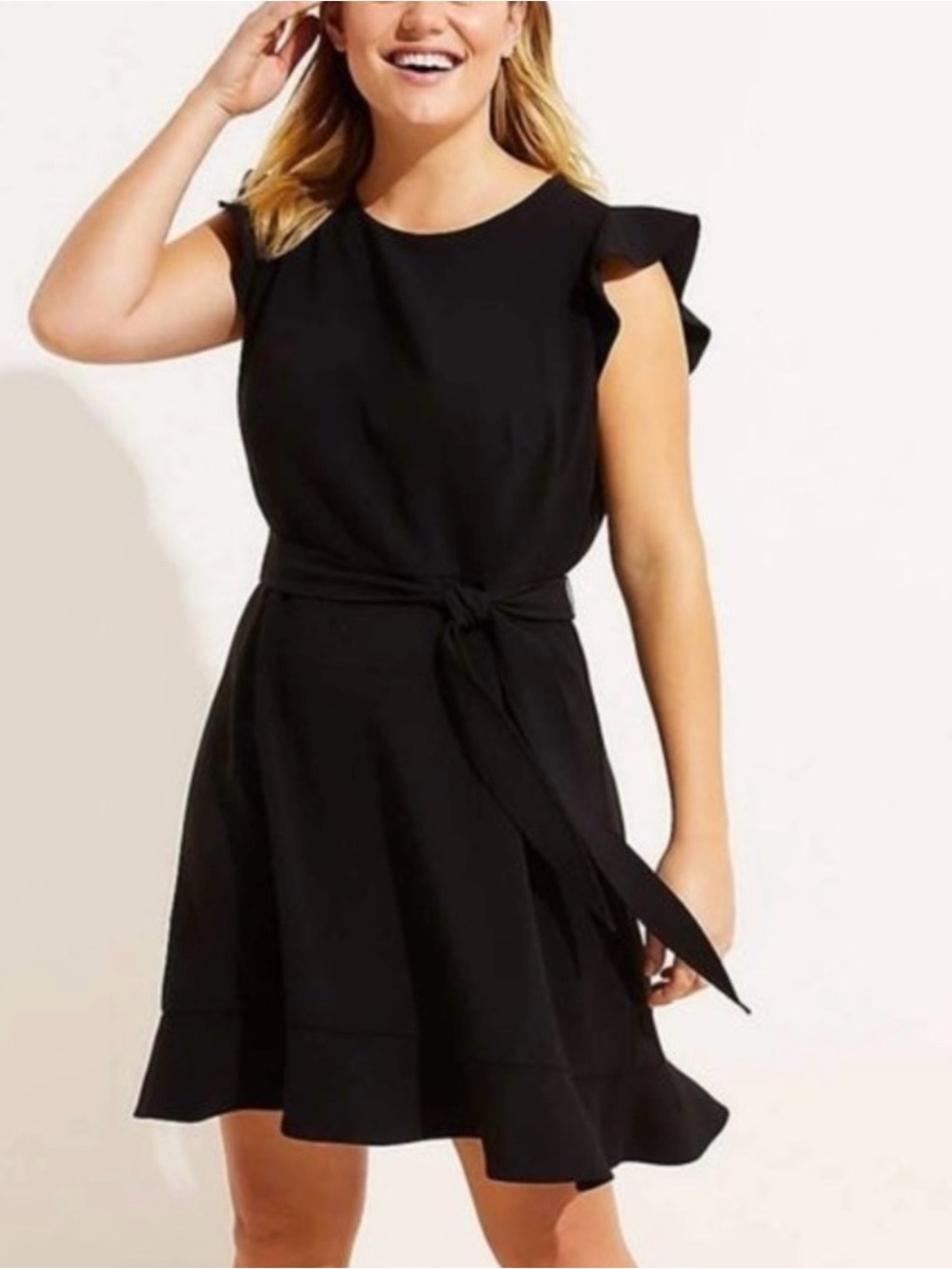 LOFT Black Flutter-Sleeve Tie-Waist Mini Dress Black Size 18
